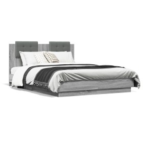 Bed frame with headboard LED lights Sonoma gray 135x190 cm by , Beds and slatted bases - Ref: Foro24-3210050, Price: 190,99 €...