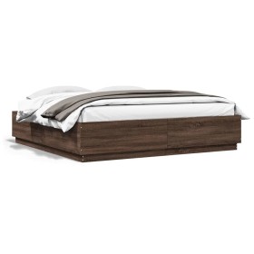 Estructura de cama con luces LED madera roble marrón 200x200 cm de , Camas y somieres - Ref: Foro24-3209589, Precio: 201,99 €...