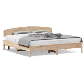 Bed frame with solid pine wood headboard 200x200cm by , Beds and slatted bases - Ref: Foro24-3207193, Price: 189,99 €, Discou...