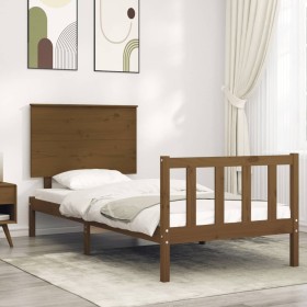 Honey brown solid wood bed frame with headboard by vidaXL, Beds and slatted bases - Ref: Foro24-3193369, Price: 142,99 €, Dis...