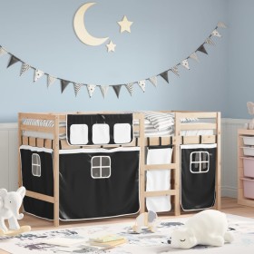 Cama alta niños con cortinas madera pino blanco negro 80x200 cm de vidaXL, Camas y somieres - Ref: Foro24-3283808, Precio: 15...