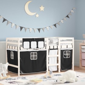 Cama alta niños con cortinas madera pino blanco negro 90x200 cm de vidaXL, Camas y somieres - Ref: Foro24-3283820, Precio: 18...