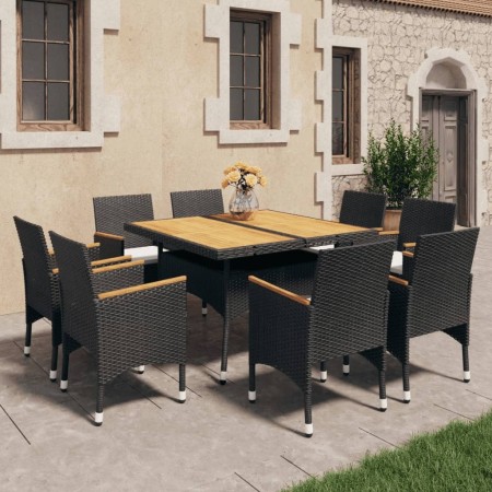 Juego comedor jardín 9 pzas madera maciza ratán sintético negro de vidaXL, Conjuntos de jardín - Ref: Foro24-3095899, Precio:...