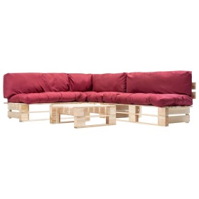 Garden pallet furniture with red cushions 4 pieces wood by vidaXL, Garden sets - Ref: Foro24-277489, Price: 334,99 €, Discoun...