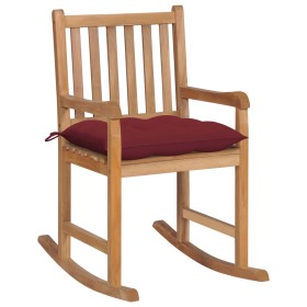 Silla mecedora de madera maciza de teca con cojín rojo tinto de vidaXL, Sillas de jardín - Ref: Foro24-3062781, Precio: 150,9...