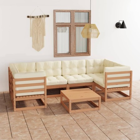 Set de muebles de jardín 7 pzs cojines madera pino marrón miel de vidaXL, Conjuntos de jardín - Ref: Foro24-3077302, Precio: ...