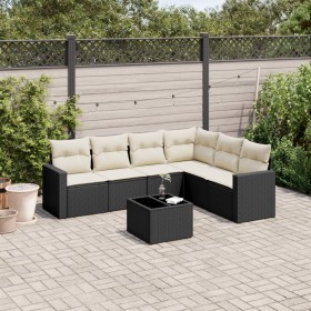 Set de comedor de jardín 7 pzas y cojines ratán sintético negro de vidaXL, Sofás modulares de exterior - Ref: Foro24-3251353,...