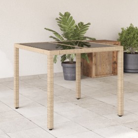 Mesa de jardín superficie de vidrio ratán PE beige 90x90x75 cm de vidaXL, Mesas de jardín - Ref: Foro24-365527, Precio: 116,9...