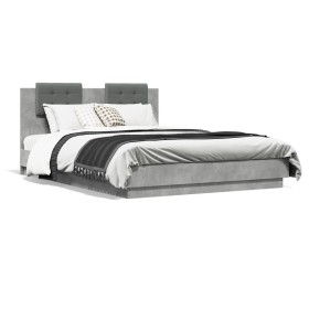 Cama con cabecero madera de ingeniería gris hormigón 140x200 cm de vidaXL, Camas y somieres - Ref: Foro24-3209922, Precio: 17...