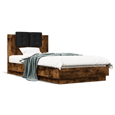 Bed frame headboard LED lights smoked oak 75x190 cm by vidaXL, Beds and slatted bases - Ref: Foro24-3210070, Price: 159,26 €,...