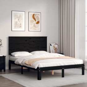 Double bed frame with black solid wood headboard by vidaXL, Beds and slatted bases - Ref: Foro24-3193640, Price: 170,99 €, Di...