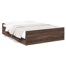 Oak brown engineered wood bed with drawers 140x190 cm by vidaXL, Beds and slatted bases - Ref: Foro24-3280313, Price: 148,99 ...