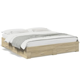 Sonoma oak engineered wood bed with drawers 200x200 cm by vidaXL, Beds and slatted bases - Ref: Foro24-3280358, Price: 203,99...