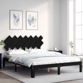 Estructura cama de matrimonio con cabecero madera maciza negro de vidaXL, Camas y somieres - Ref: Foro24-3193735, Precio: 165...