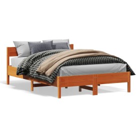 Bed frame with wax brown pine wood headboard 140x200 cm by vidaXL, Beds and slatted bases - Ref: Foro24-842753, Price: 120,47...