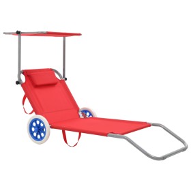 Folding lounger with awning and red steel wheels by vidaXL, Loungers - Ref: Foro24-44324, Price: 57,03 €, Discount: %