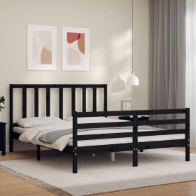 Double bed frame with black solid wood headboard by vidaXL, Beds and slatted bases - Ref: Foro24-3193865, Price: 154,99 €, Di...