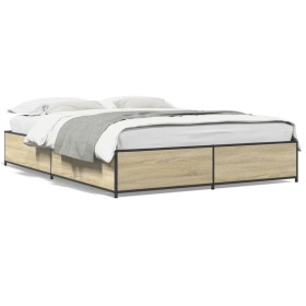 Sonoma oak metal engineered wood bed frame 150x200 cm by vidaXL, Beds and slatted bases - Ref: Foro24-3279838, Price: 123,36 ...