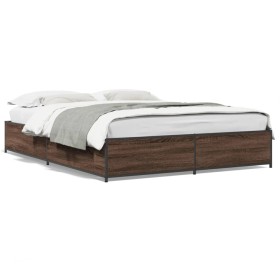 Engineered wood bed frame oak brown metal 140x200 cm by vidaXL, Beds and slatted bases - Ref: Foro24-3279846, Price: 124,99 €...