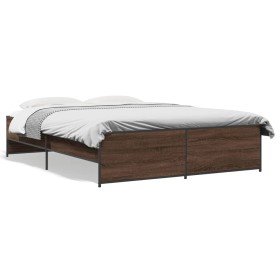 Oak brown metal engineered wood bed frame 150x200 cm by vidaXL, Beds and slatted bases - Ref: Foro24-3279886, Price: 144,34 €...