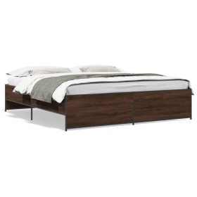 Oak brown metal engineered wood bed frame 200x200 cm by vidaXL, Beds and slatted bases - Ref: Foro24-3279871, Price: 150,86 €...