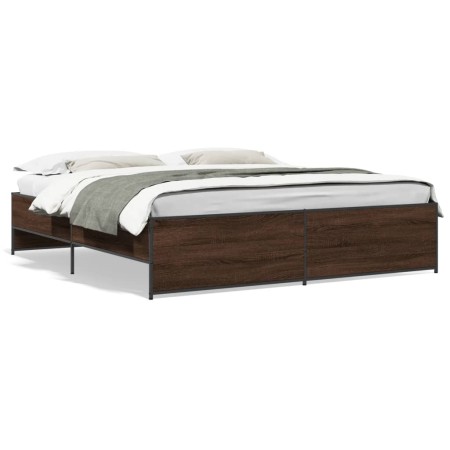 Oak brown metal engineered wood bed frame 200x200 cm by vidaXL, Beds and slatted bases - Ref: Foro24-3279871, Price: 151,06 €...