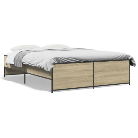 Sonoma oak metal engineered wood bed frame 135x190 cm by vidaXL, Beds and slatted bases - Ref: Foro24-3279903, Price: 129,62 ...