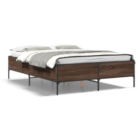 Oak brown metal engineered wood bed frame 150x200 cm by vidaXL, Beds and slatted bases - Ref: Foro24-3279796, Price: 145,99 €...