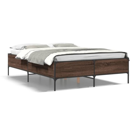 Oak brown metal engineered wood bed frame 150x200 cm by vidaXL, Beds and slatted bases - Ref: Foro24-3279796, Price: 146,29 €...