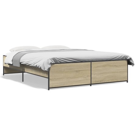 Estructura cama madera ingeniería metal roble Sonoma 160x200 cm de vidaXL, Camas y somieres - Ref: Foro24-3279878, Precio: 13...