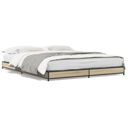 Estructura cama madera ingeniería metal roble Sonoma 135x190 cm de vidaXL, Camas y somieres - Ref: Foro24-845162, Precio: 84,...