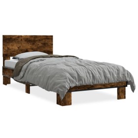 Estructura cama madera ingeniería metal roble ahumado 90x190 cm de vidaXL, Camas y somieres - Ref: Foro24-845819, Precio: 95,...