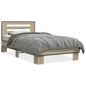 Sonoma oak metal engineered wood bed frame 75x190 cm by vidaXL, Beds and slatted bases - Ref: Foro24-845658, Price: 93,99 €, ...