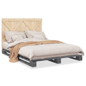 Bed frame with gray pine wood headboard 140x200 cm by vidaXL, Beds and slatted bases - Ref: Foro24-3281582, Price: 206,60 €, ...