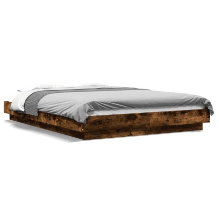 Bed frame with LED lights smoked oak wood 135x190 cm by vidaXL, Beds and slatted bases - Ref: Foro24-3281137, Price: 171,61 €...