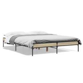 Estructura cama madera ingeniería metal roble Sonoma 150x200 cm de vidaXL, Camas y somieres - Ref: Foro24-845012, Precio: 105...