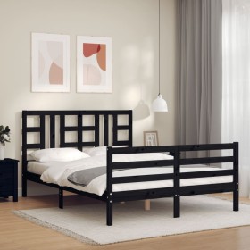 Double bed frame with black solid wood headboard by vidaXL, Beds and slatted bases - Ref: Foro24-3193930, Price: 163,99 €, Di...