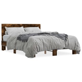 Engineered wood bed frame metal smoked oak 135x190cm by vidaXL, Beds and slatted bases - Ref: Foro24-3280209, Price: 149,99 €...