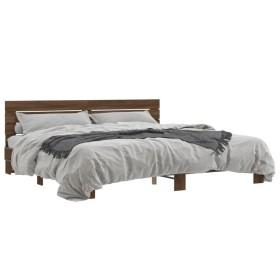 Oak brown metal engineered wood bed frame 200x200 cm by vidaXL, Beds and slatted bases - Ref: Foro24-3280131, Price: 173,99 €...