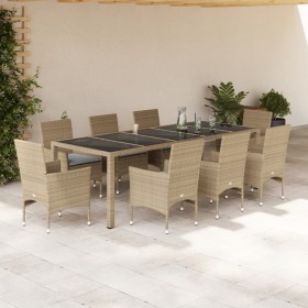 Set comedor jardín 9 pzas cojines ratán sintético vidrio beige de vidaXL, Conjuntos de jardín - Ref: Foro24-3278593, Precio: ...