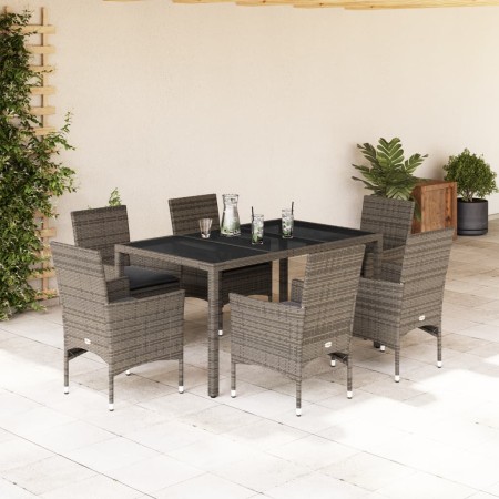 Set comedor jardín 7 pzas y cojines ratán sintético vidrio gris de vidaXL, Conjuntos de jardín - Ref: Foro24-3278558, Precio:...