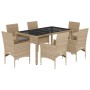 Set comedor jardín 7 pzas cojines ratán sintético vidrio beige de vidaXL, Conjuntos de jardín - Ref: Foro24-3278564, Precio: ...