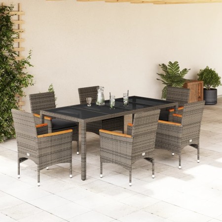 Set comedor jardín 7 pzas y cojines ratán sintético vidrio gris de vidaXL, Conjuntos de jardín - Ref: Foro24-3278655, Precio:...