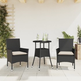 Set comedor jardín 3 pzas cojines ratán sintético vidrio negro de vidaXL, Conjuntos de jardín - Ref: Foro24-3278615, Precio: ...