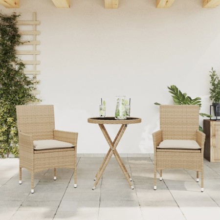 Small table and chairs with 3-piece synthetic rattan cushions and beige glass. by vidaXL, Garden sets - Ref: Foro24-3278752, ...