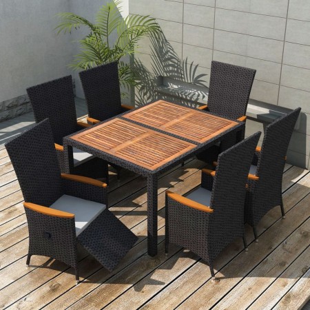 Set comedor de jardín 7 piezas ratán sintético y madera negro de vidaXL, Conjuntos de jardín - Ref: Foro24-47681, Precio: 645...