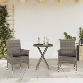 Small table and chairs with 3-piece synthetic rattan cushions and gray glass. by vidaXL, Garden sets - Ref: Foro24-3278750, P...