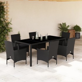 Set comedor jardín 7 pzas cojines ratán sintético vidrio negro de vidaXL, Conjuntos de jardín - Ref: Foro24-3278547, Precio: ...