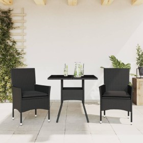 Set comedor jardín 3 pzas cojines ratán sintético vidrio negro de vidaXL, Conjuntos de jardín - Ref: Foro24-3278601, Precio: ...