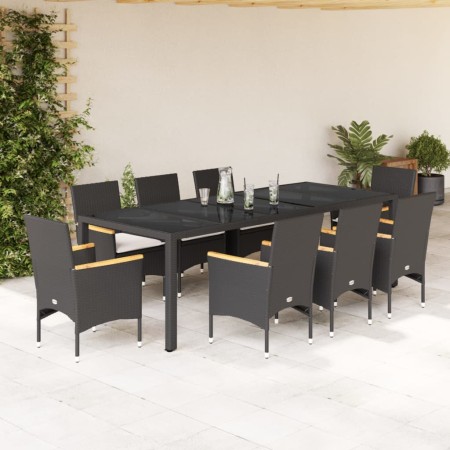 Set comedor jardín 9 pzas cojines ratán sintético vidrio negro de vidaXL, Conjuntos de jardín - Ref: Foro24-3278733, Precio: ...